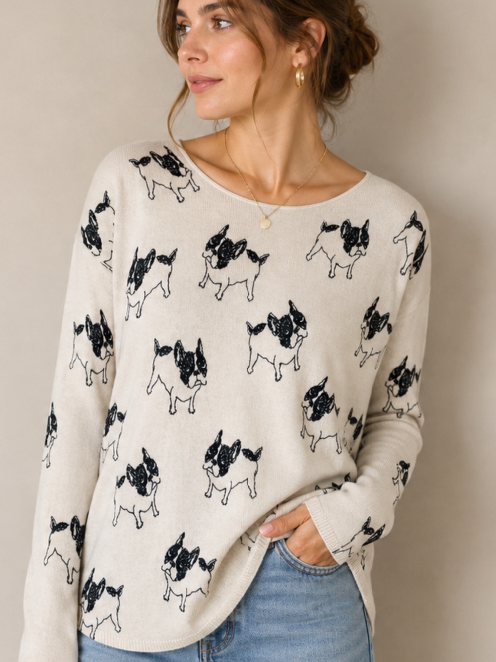 Cream Crewneck Sweater with Black Pug Dog Print
